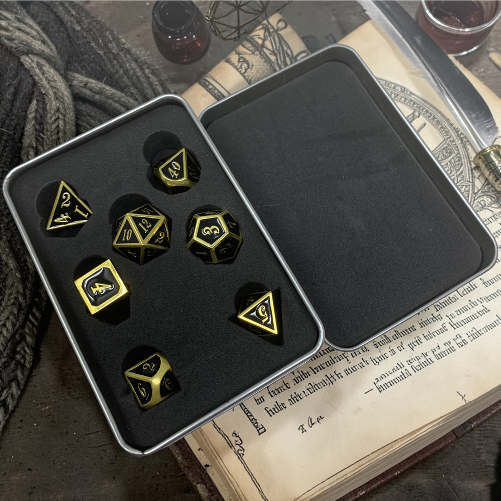 Lot 7 DND Metal Gaming Dice Set Gold Black Compatible with Dungeons and Dragons